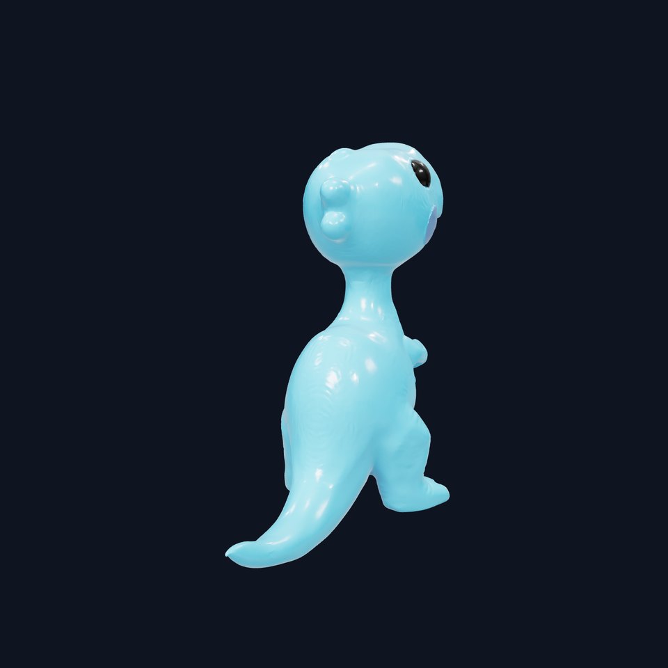 Whimsical bright blue cartoon dino with short snout wide eyes pointed tail and vibrant reflective skin texture